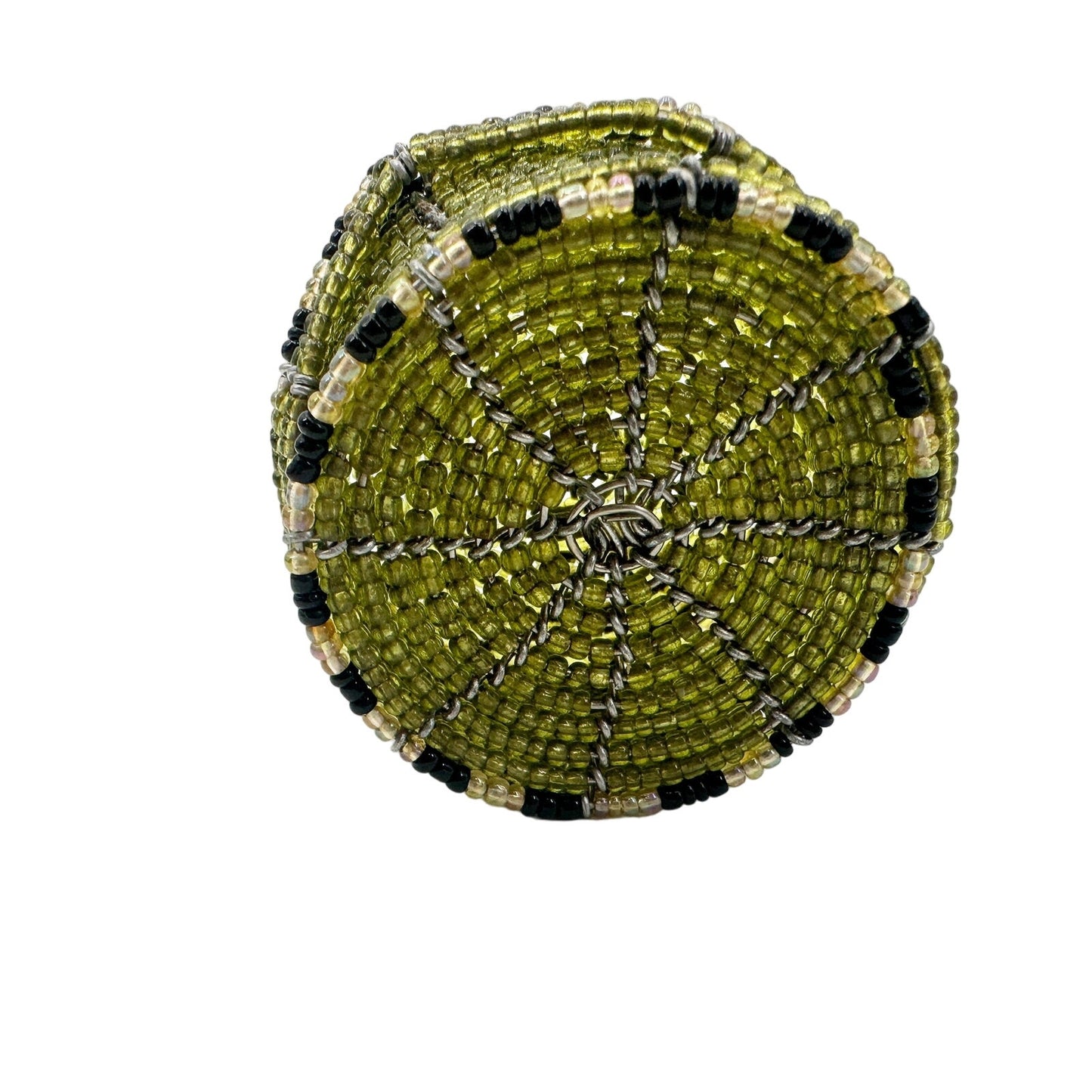 green & black beaded wire Trinket jewelry Box basket & lid small 2" diameter