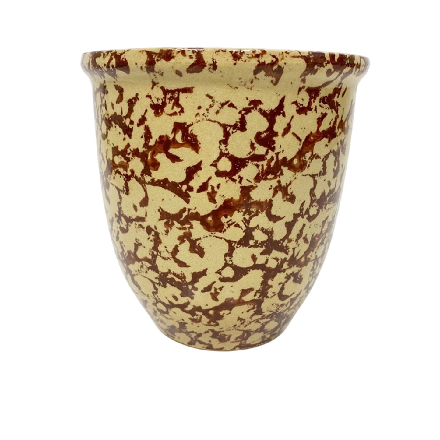 vintage brown tan spongeware pot stoneware crock art pottery 5.5" tall