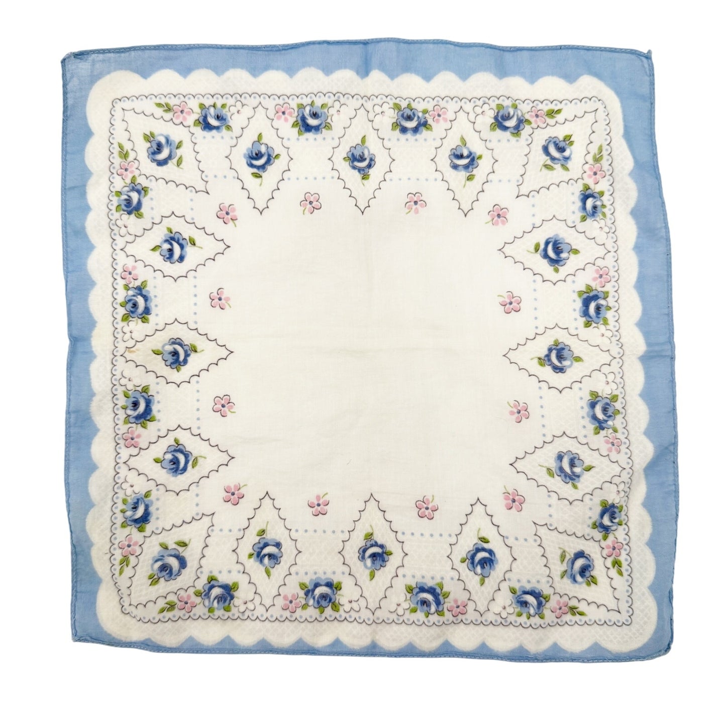 vintage floral Handkerchief Hanky pink white blue flowers green 11.5" square