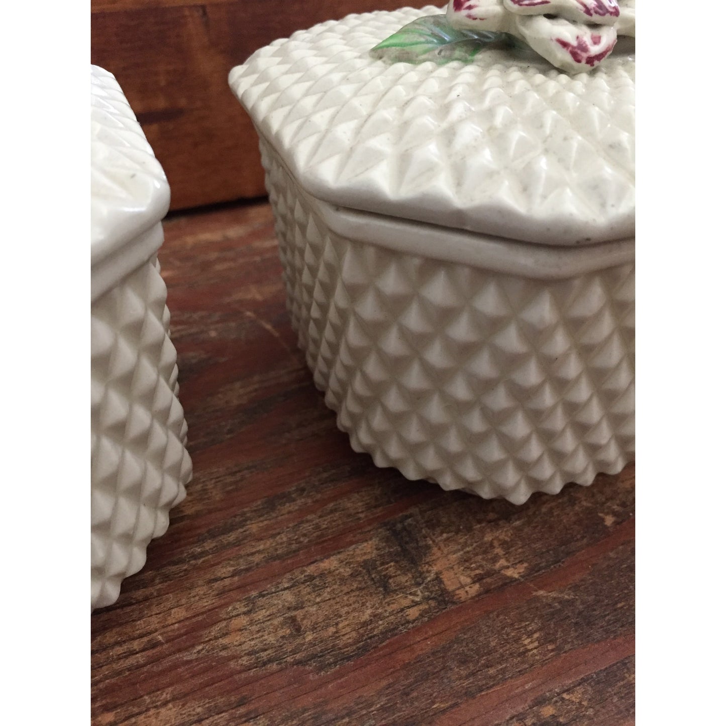 pair vintage hobnail porcelain white Trinket Boxes hibiscus flower Made in Japan