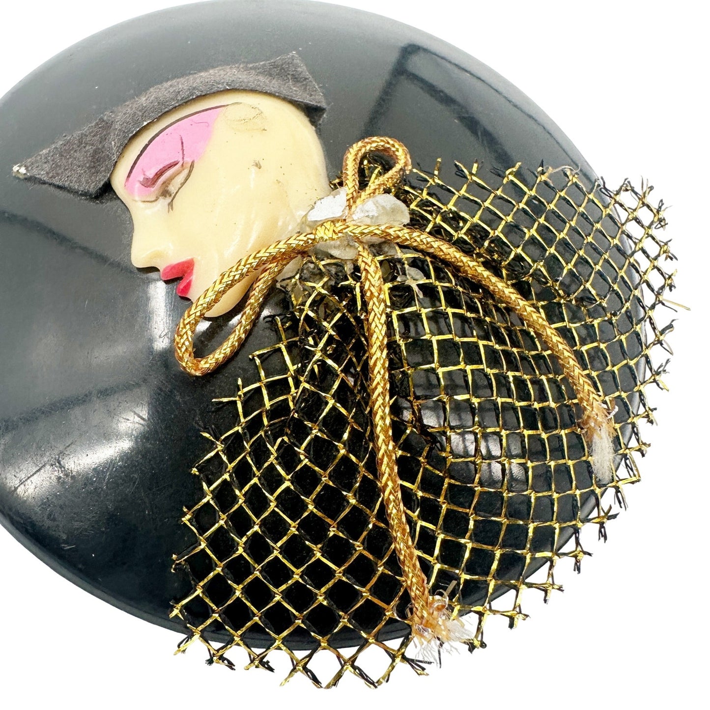 vintage circular-shaped hinged Trinket Box black jewelry container art deco face