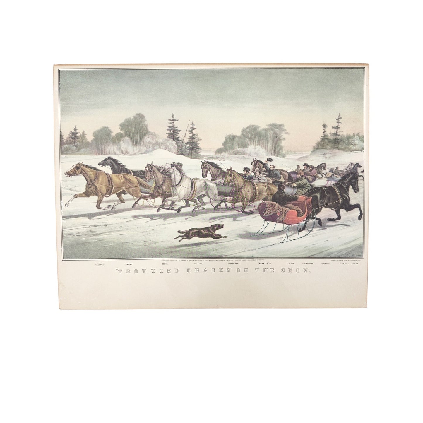 vintage Currier & Ives Trotting Cracks on the Snow Art Print reprint 14" x 11"