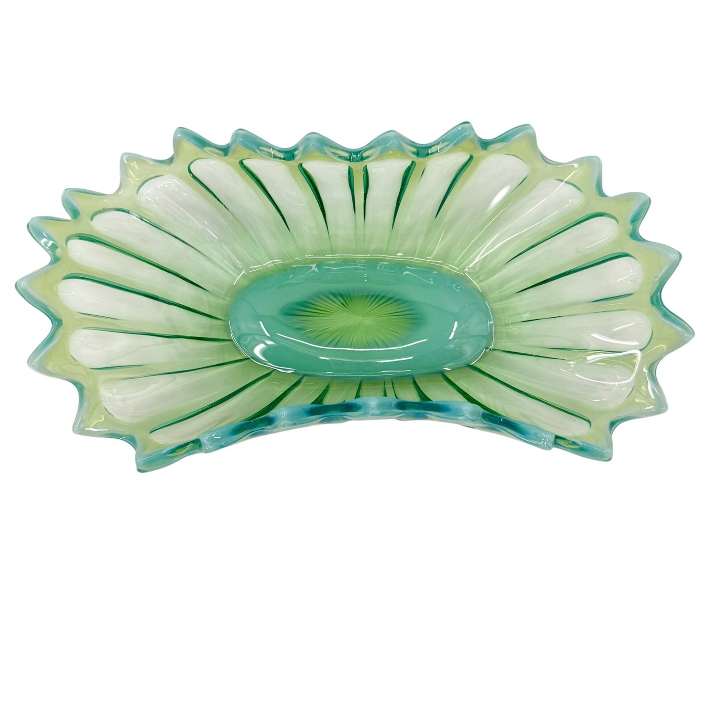 vintage Fostoria Heirloom Green blown glass 12" Oblong Bowl opalescent