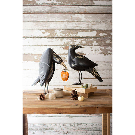 Recycled Iron Black Crows holding a Pumpkin | fall & Halloween decor