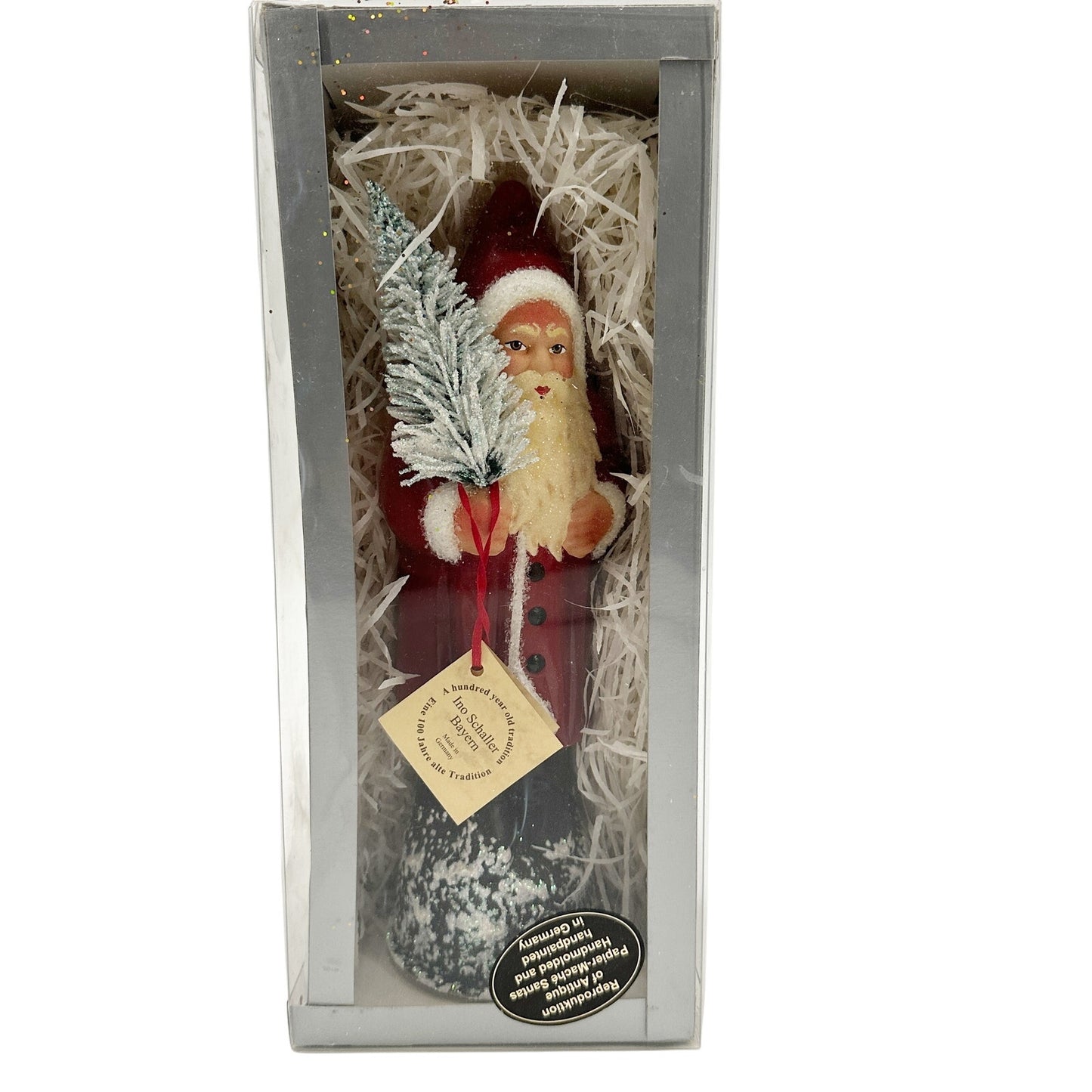 Ino Schaller Bayern paper mache Santa Claus red coat flocked tree 10" tall box