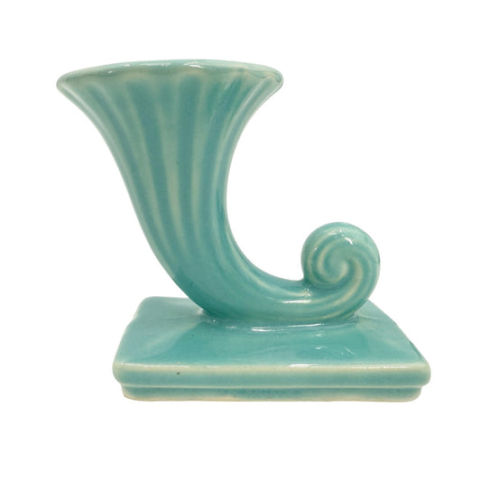 vintage turquoise Cornucopia Vase USA Pottery rectangle base small 3.5" tall