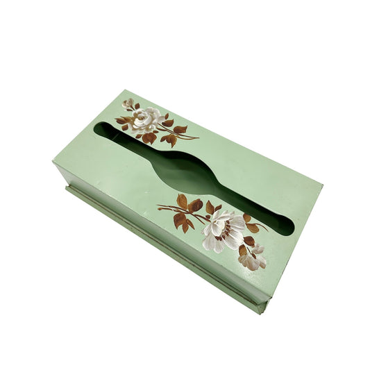 vintage green Nashco floral metal Tissue Box brown white flowers wall mounted