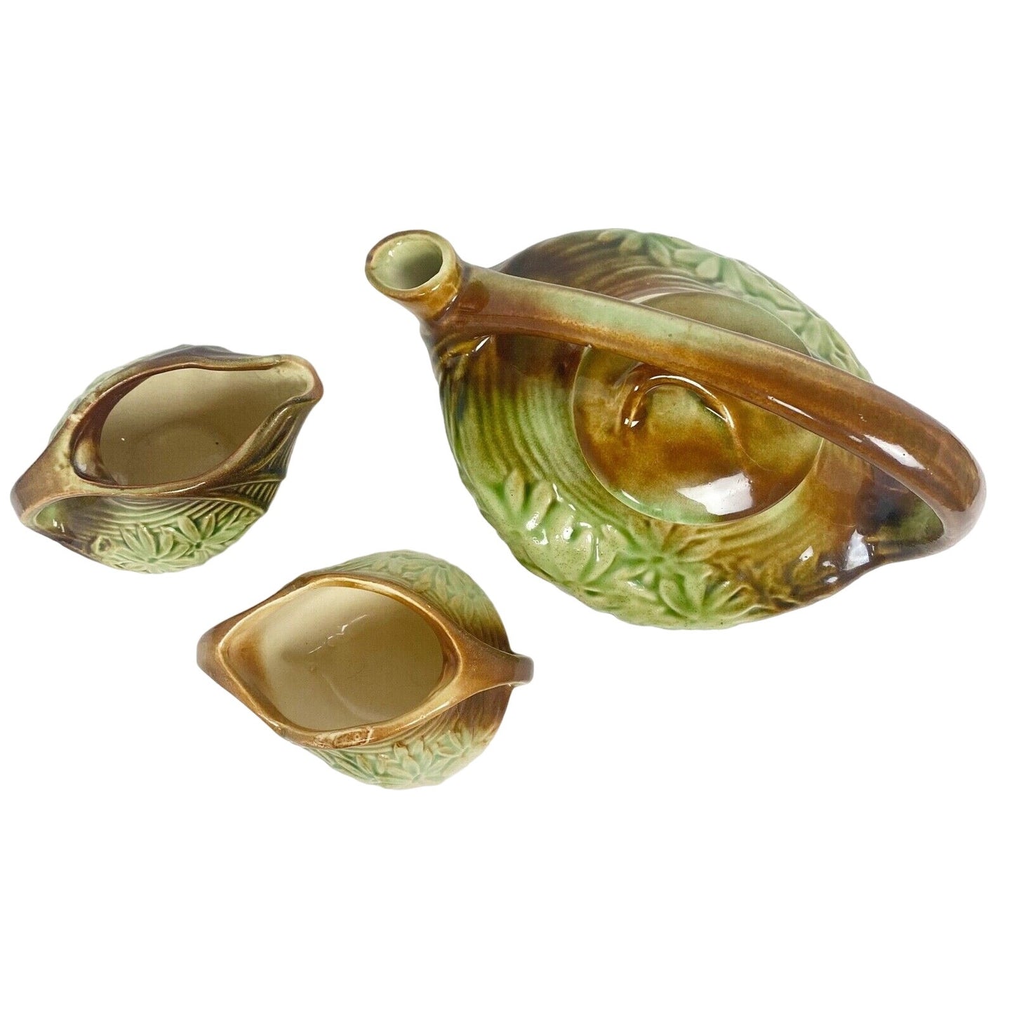 vintage McCoy green brown Daisy Green creamer sugar bowl teapot lid POTTERY set