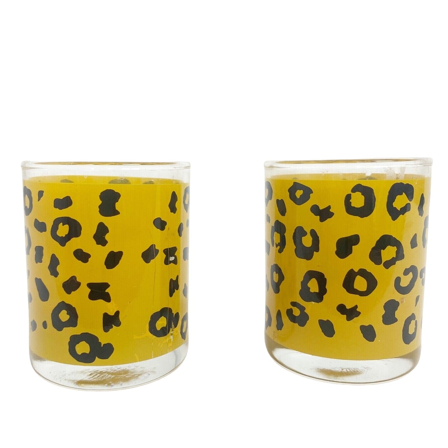 pair of Leopard print yellow & black Votive small candle Cup Holders glass