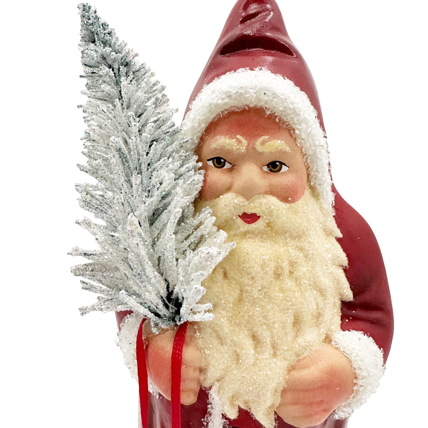 Ino Schaller Bayern paper mache Santa Claus red coat flocked tree 10" tall box