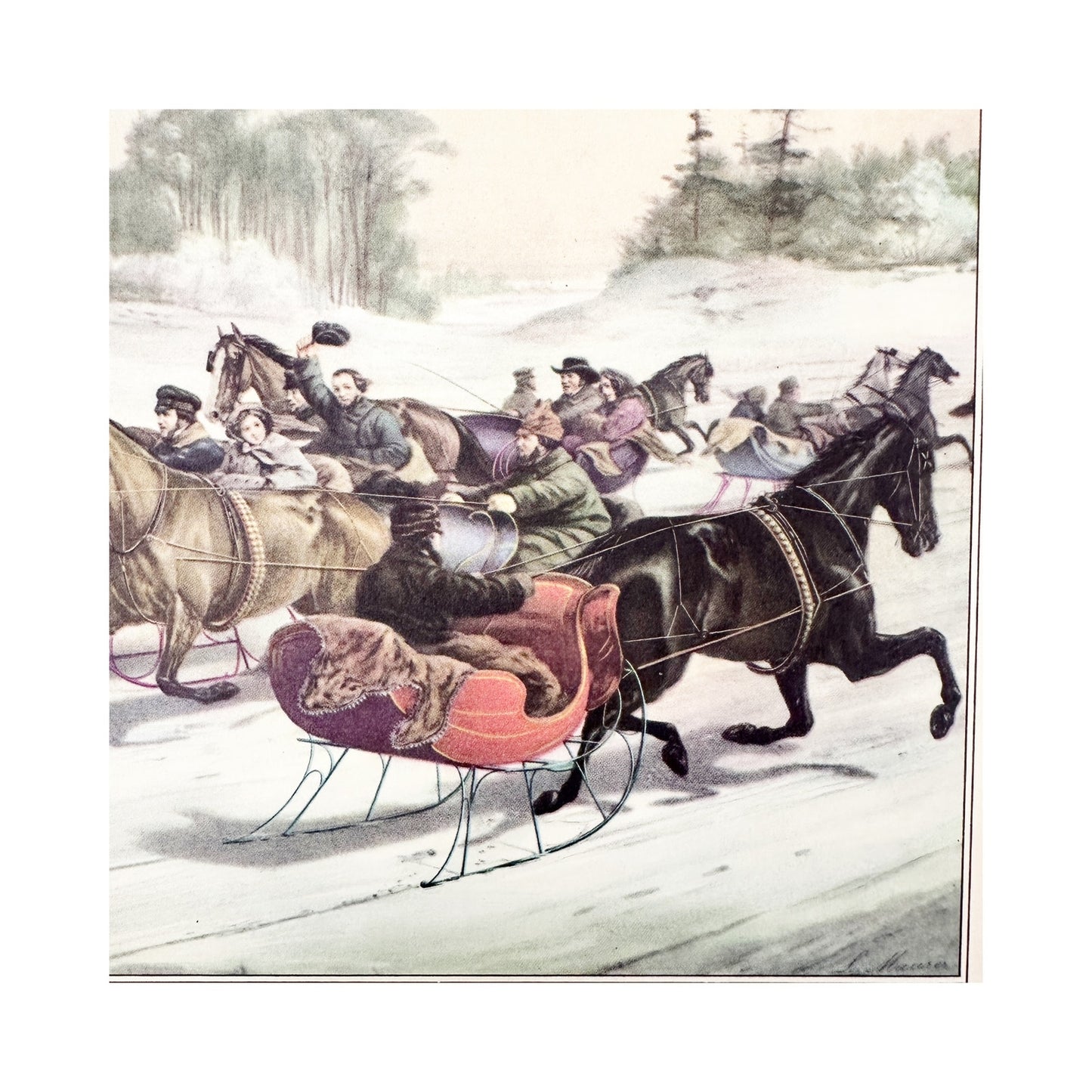 vintage Currier & Ives Trotting Cracks on the Snow Art Print reprint 14" x 11"