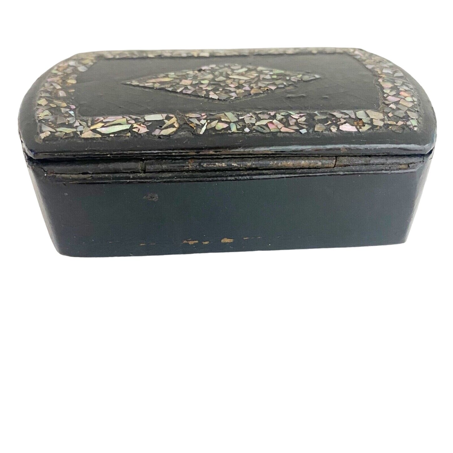 vintage small black Trinket Box keepsake lipstick iridescent stones hinged lid