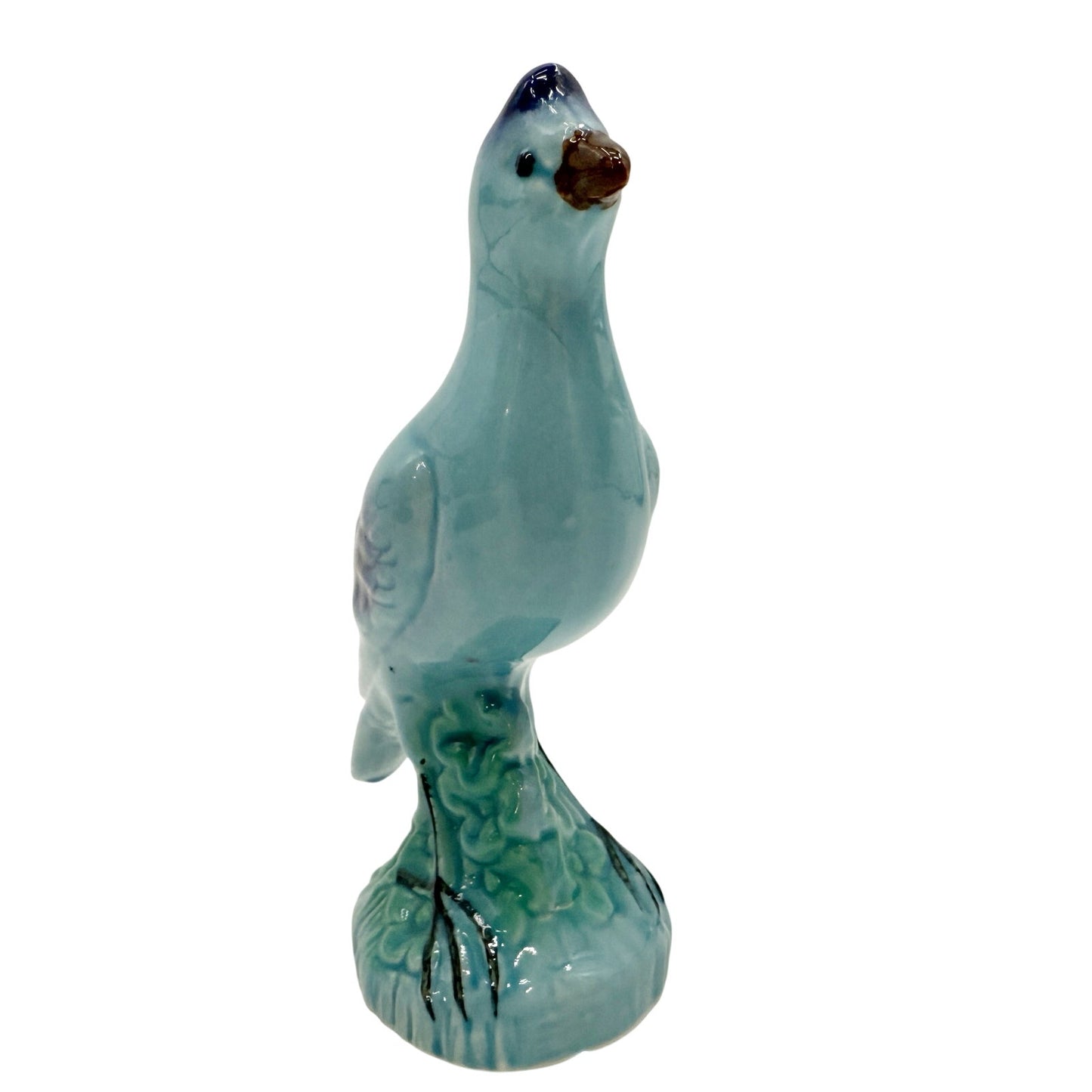 vintage standing Blue Bird Figurine green floral art pottery 7" tall ceramics