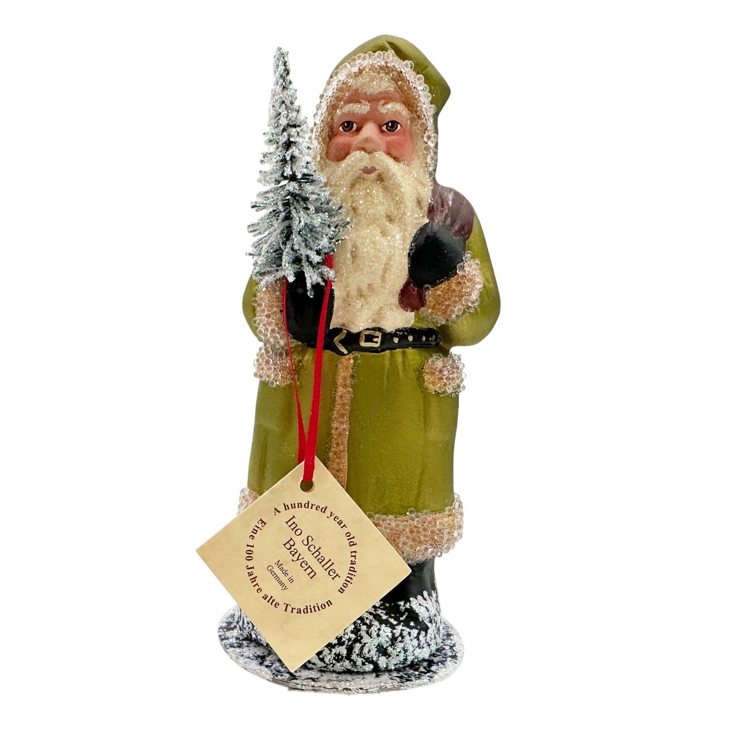 Ino Schaller Bayern paper mache Santa Claus green coat glitter & beads w/ box