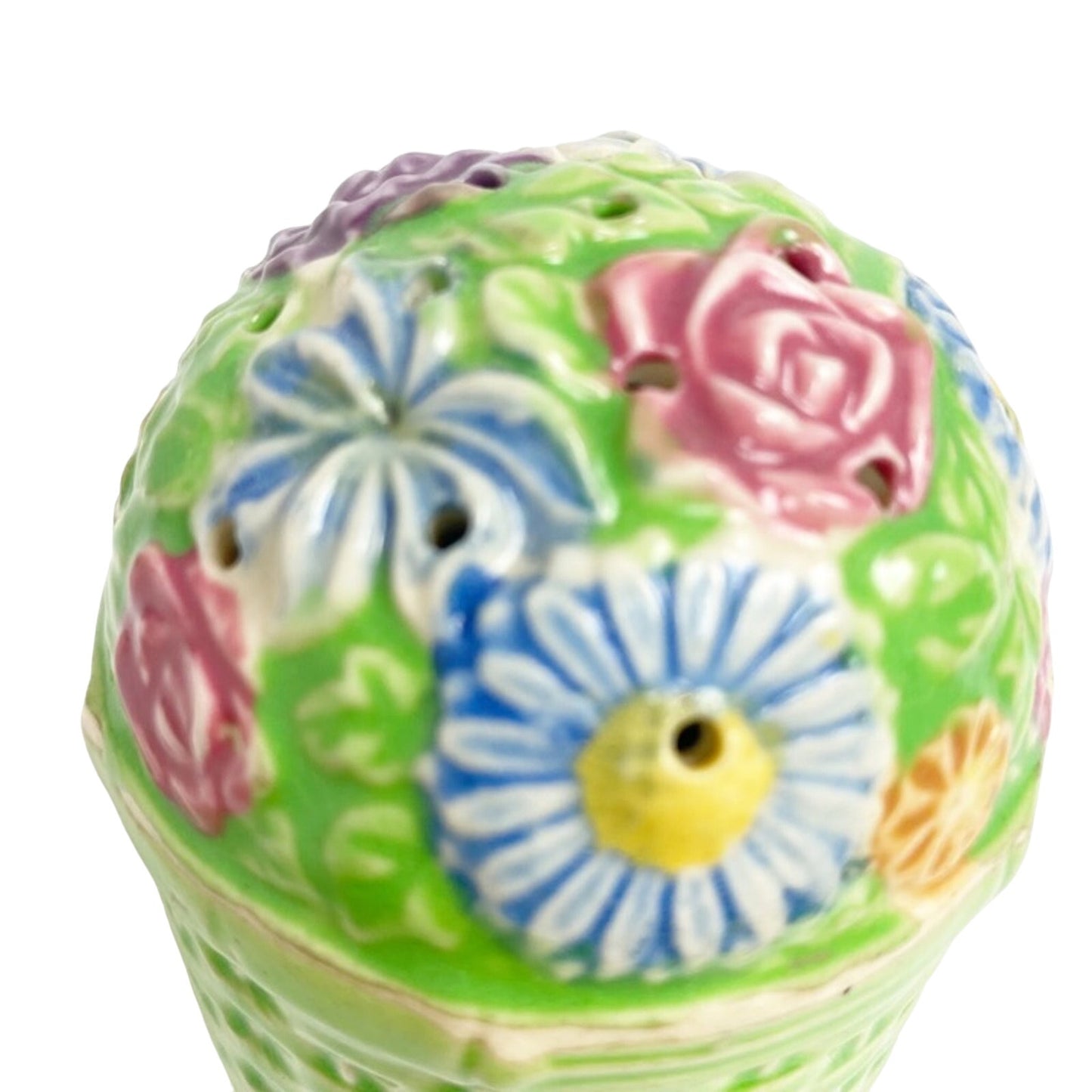 vintage large floral salt pepper spice ceramic SHAKER green basketweave pottery