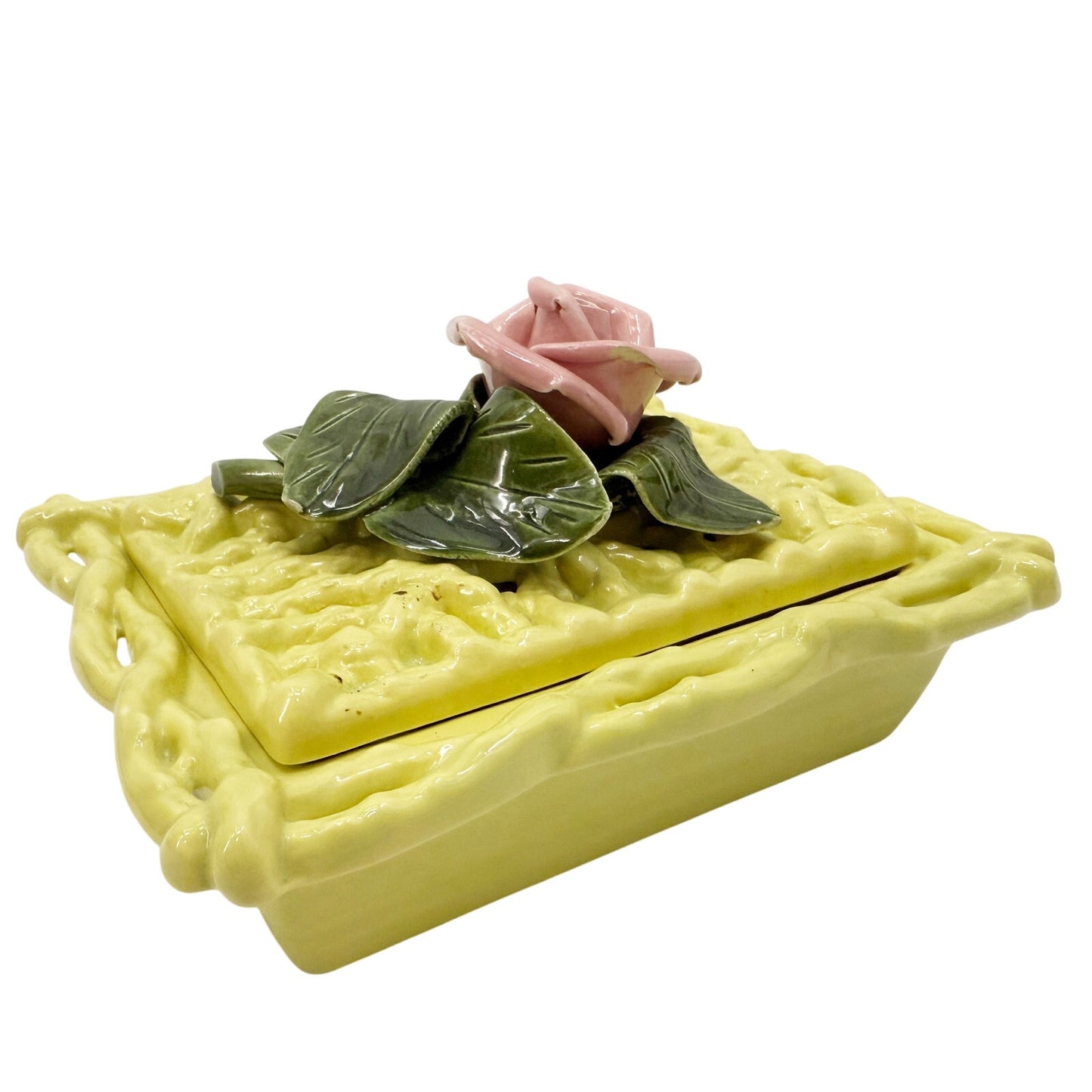 vintage yellow pink & green Frazier Cigarette Box and Ashtray California pottery