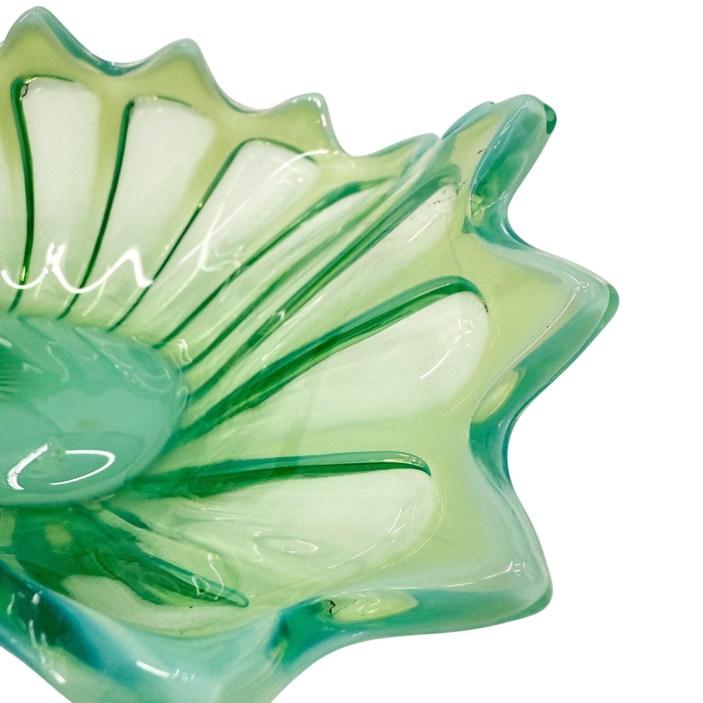 vintage Fostoria Heirloom Green blown glass 12" Oblong Bowl opalescent