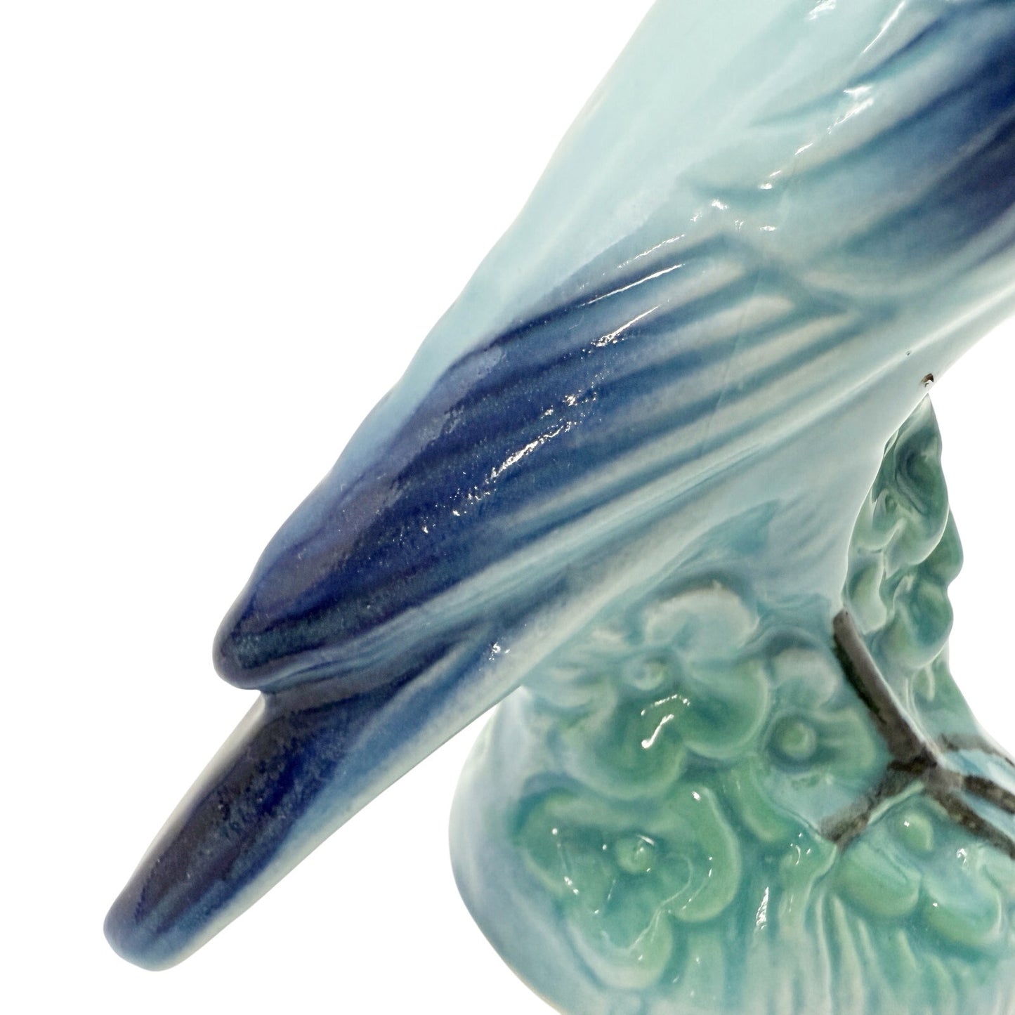 vintage standing Blue Bird Figurine green floral art pottery 7" tall ceramics