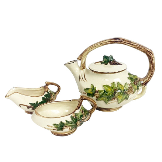 vintage McCoy cream green brown Ivy creamer sugar bowl teapot lid POTTERY set