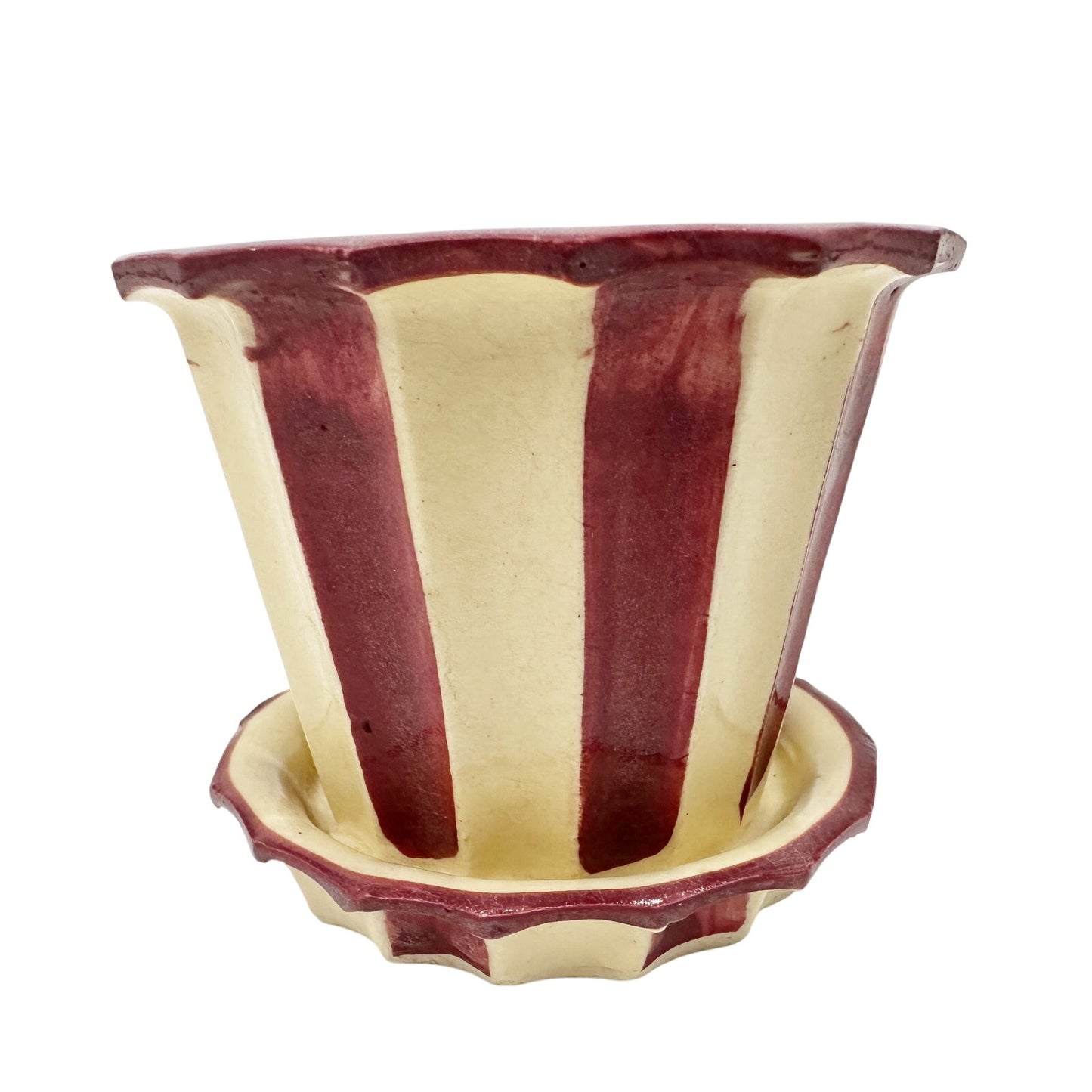 vintage cream & burgundy striped Flower Pot and Underplate Japan art pottery