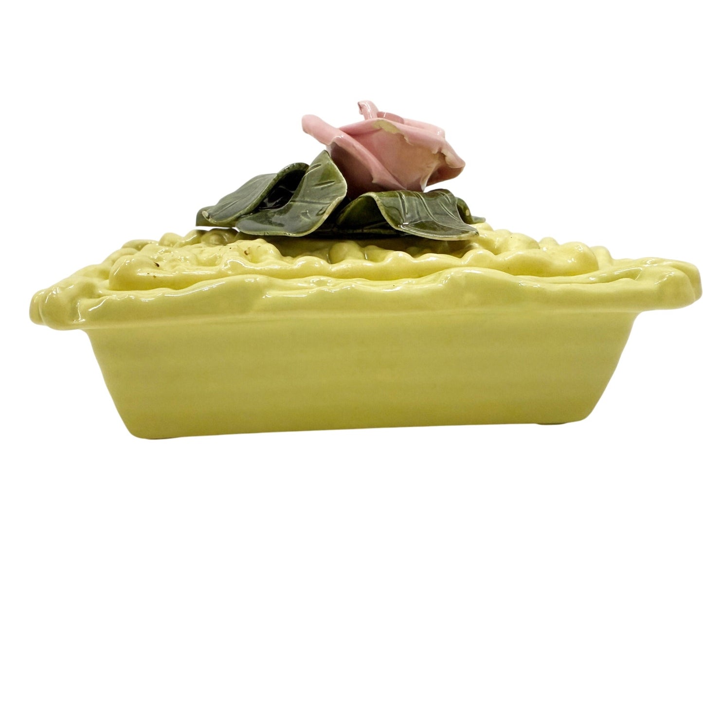 vintage yellow pink & green Frazier Cigarette Box and Ashtray California pottery