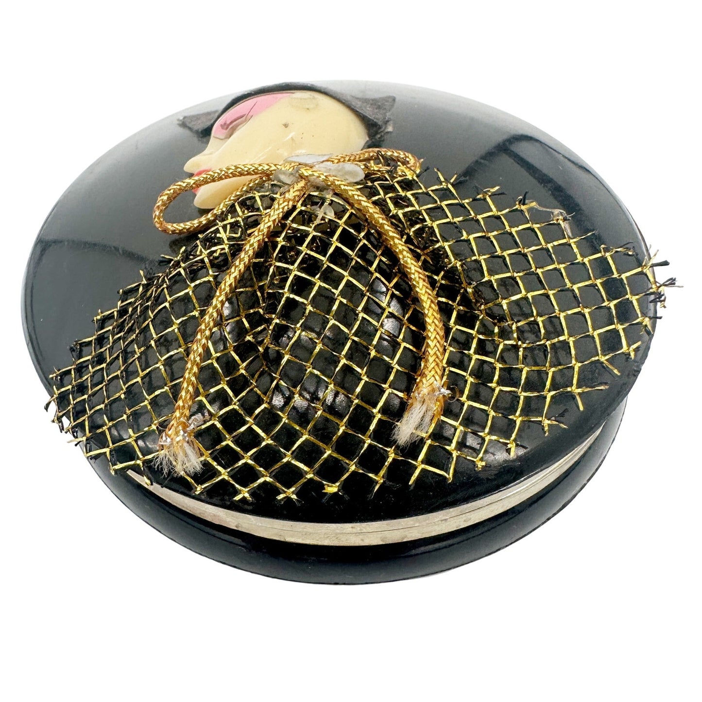 vintage circular-shaped hinged Trinket Box black jewelry container art deco face
