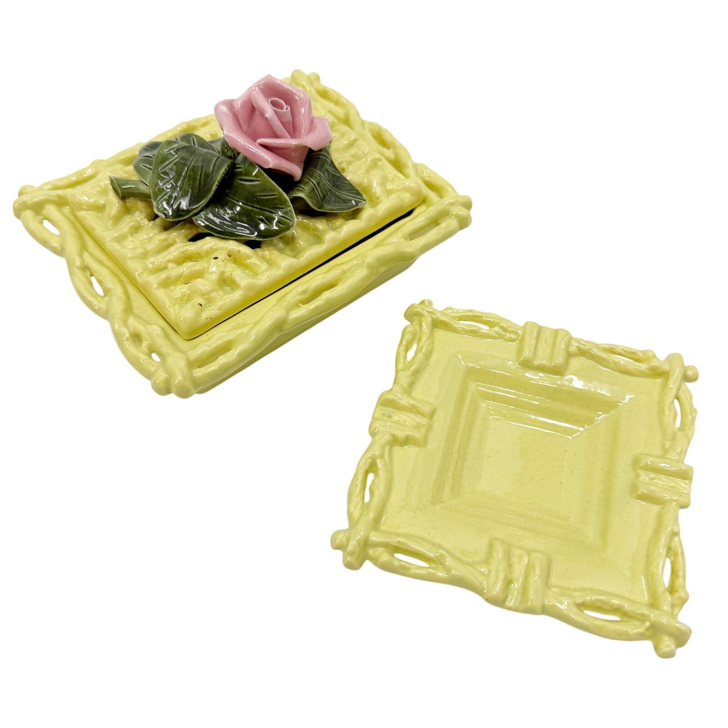 vintage yellow pink & green Frazier Cigarette Box and Ashtray California pottery