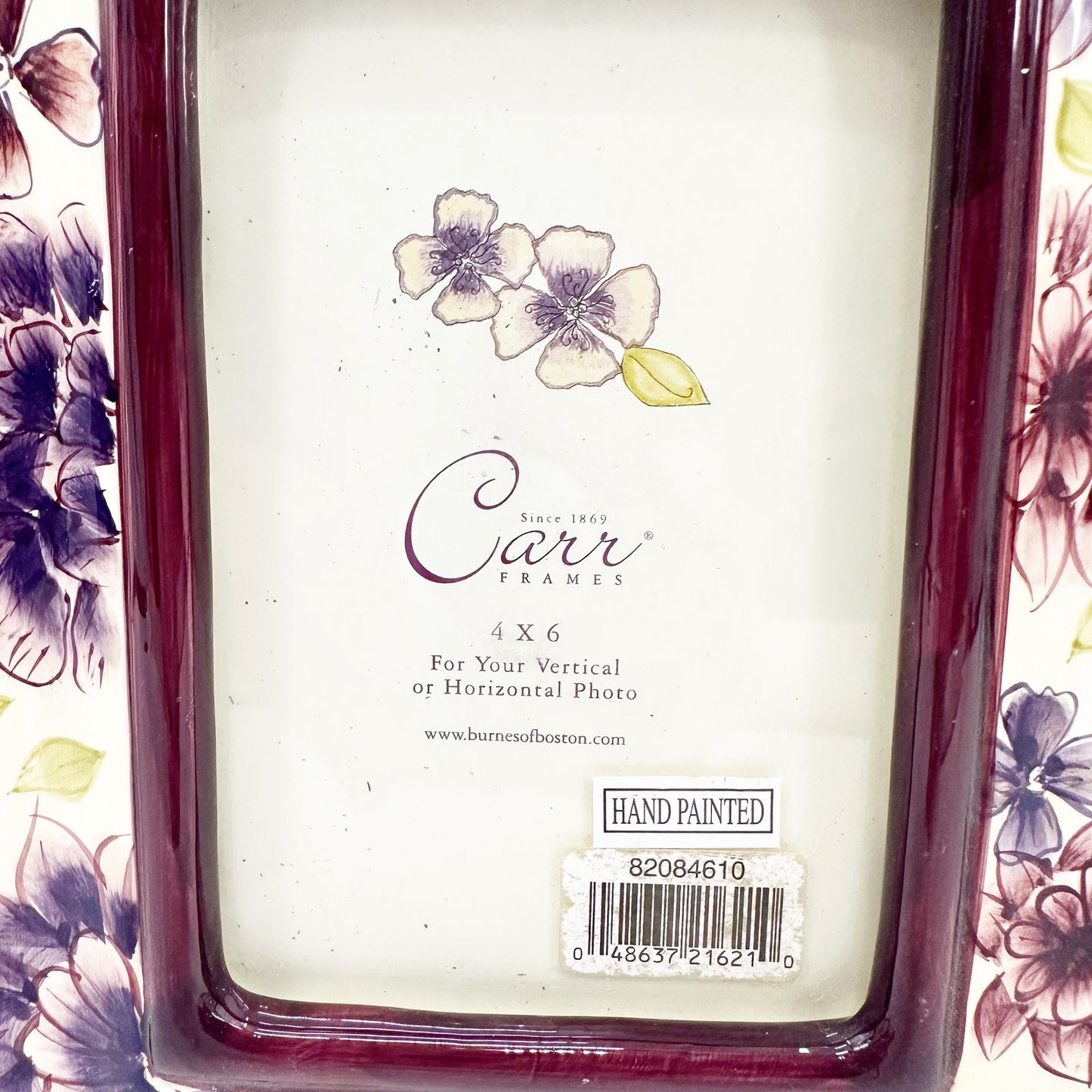 hand painted floral CARR photo 4 x 6 picture FRAME purple burgundy ceramic