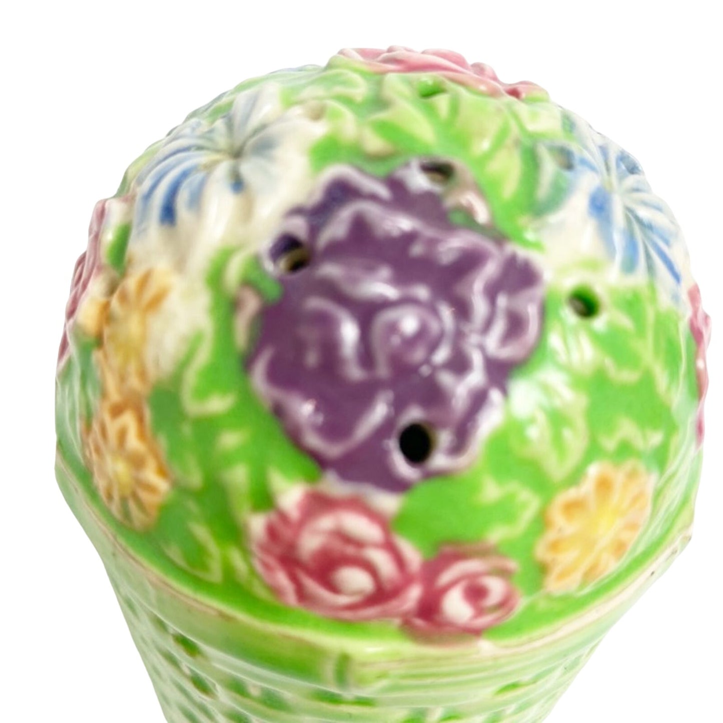 vintage large floral salt pepper spice ceramic SHAKER green basketweave pottery