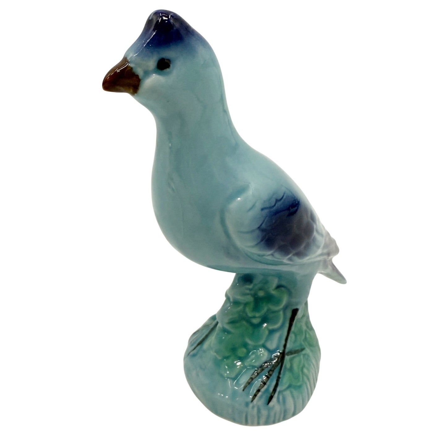 vintage standing Blue Bird Figurine green floral art pottery 7" tall ceramics