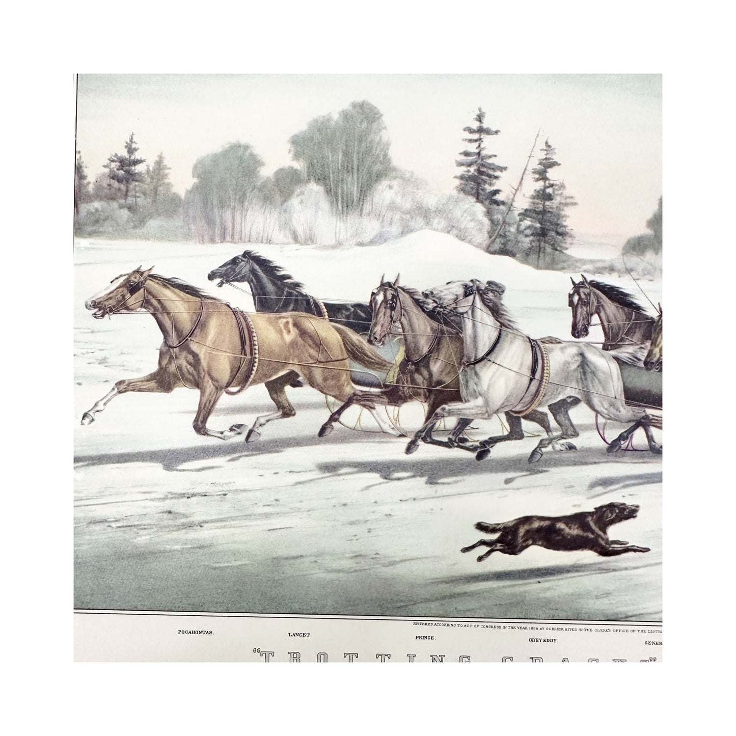 vintage Currier & Ives Trotting Cracks on the Snow Art Print reprint 14" x 11"