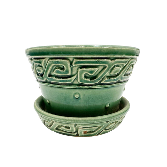 vintage McCoy Greek Key green flower POT with under plate saucer USA art pottery