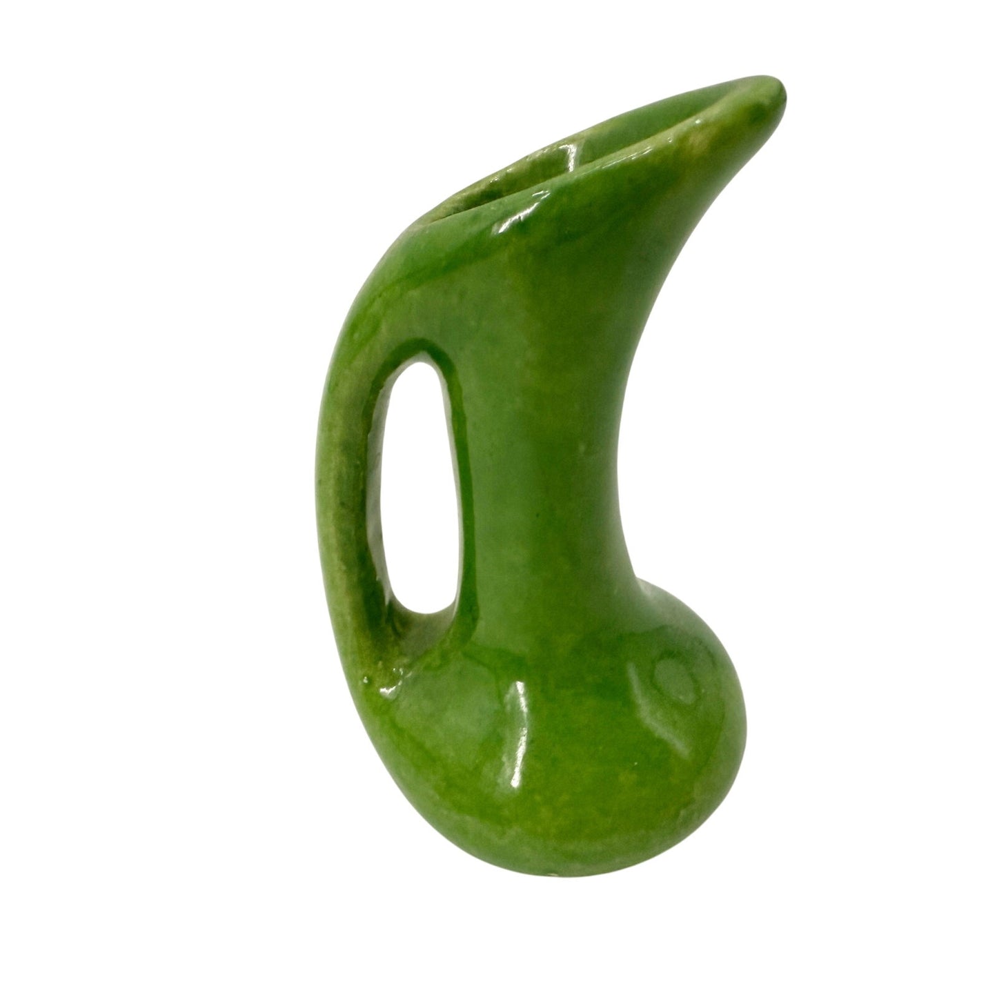 vintage miniature green Ewer Vase Pitcher handle 2.75" tall mini art pottery