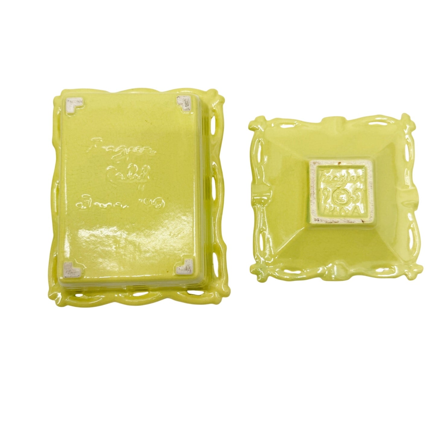 vintage yellow pink & green Frazier Cigarette Box and Ashtray California pottery