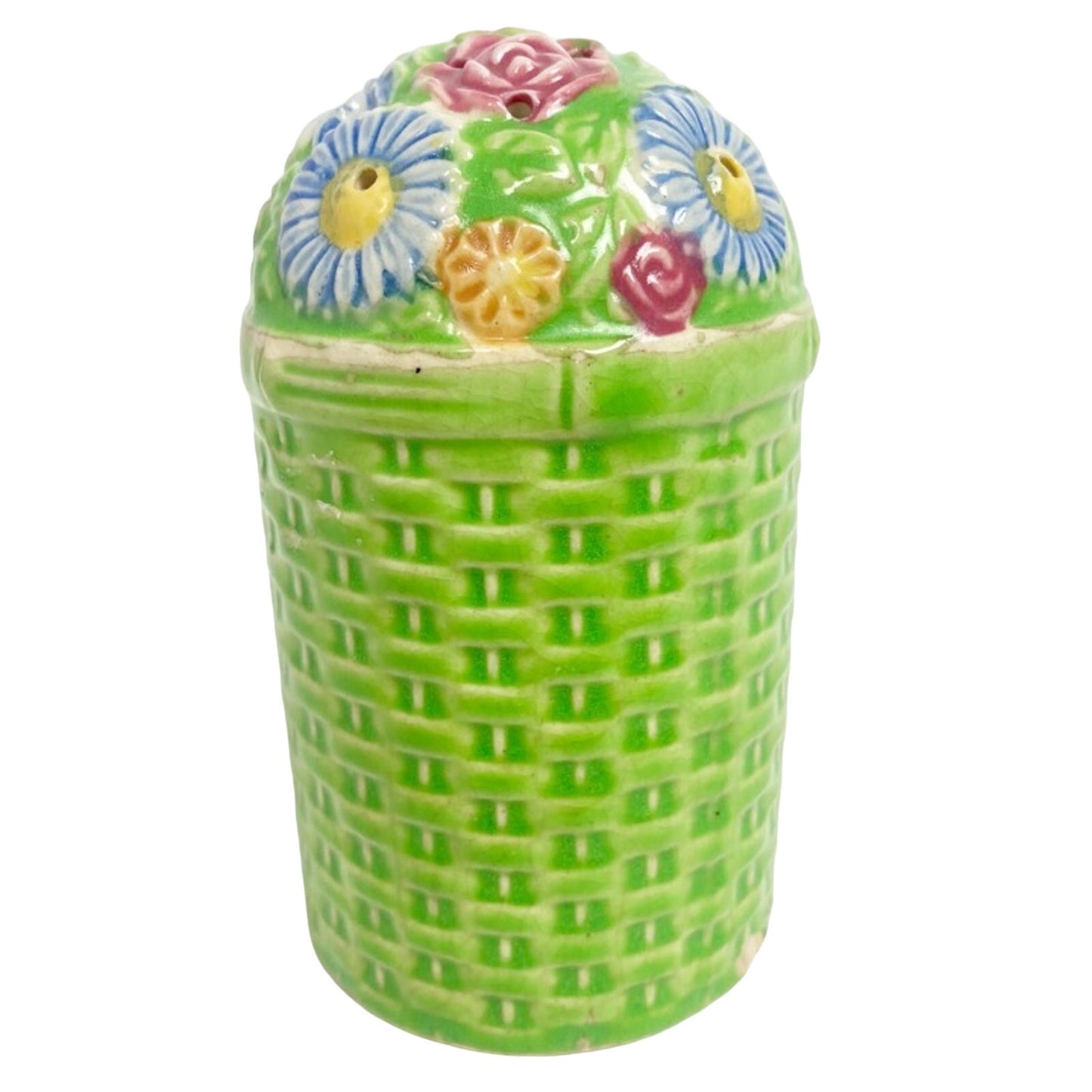 vintage large floral salt pepper spice ceramic SHAKER green basketweave pottery
