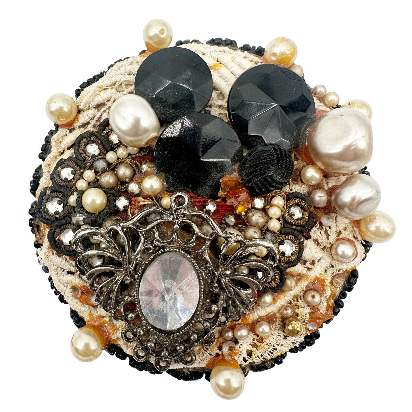 vintage embellished black Round trinket Box lace beads brooches faux pearls