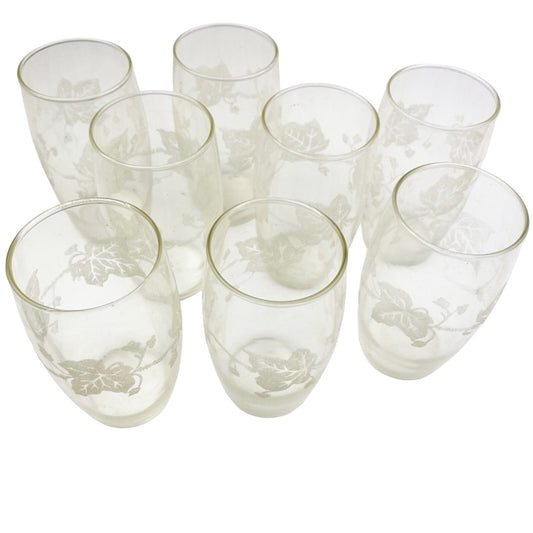 set of 8 vintage drinking GLASSES tumblers leaf border textured appliqué 16 oz