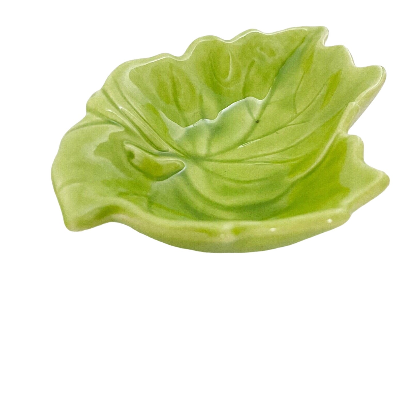 vintage pair of lime green Leaf Trays nuts candy DISH pottery Lazy Susan