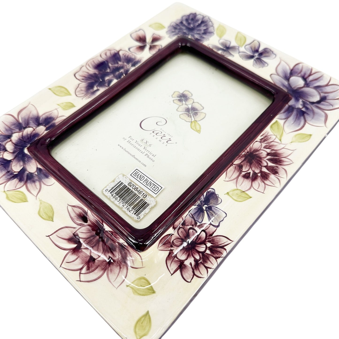 hand painted floral CARR photo 4 x 6 picture FRAME purple burgundy ceramic