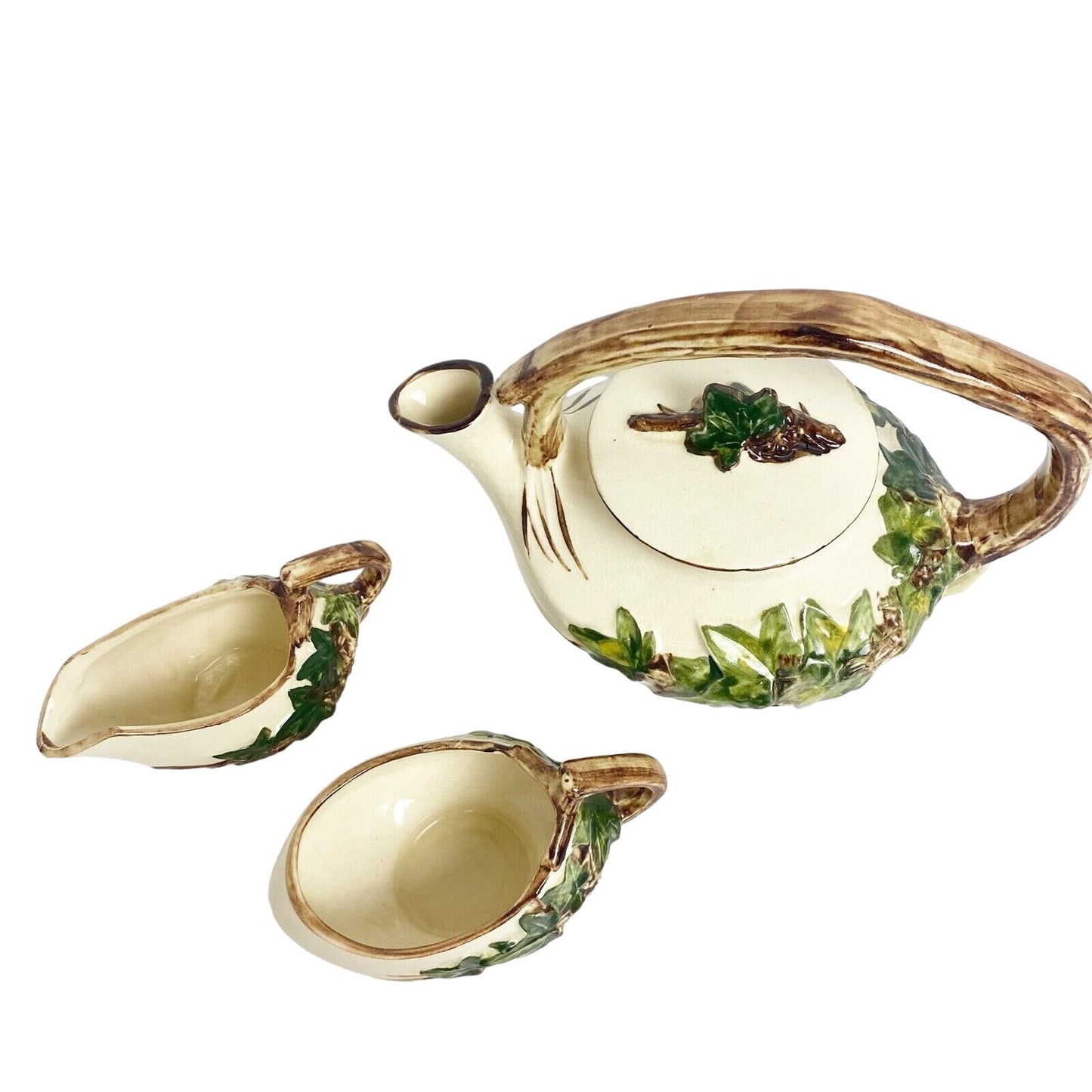 vintage McCoy cream green brown Ivy creamer sugar bowl teapot lid POTTERY set