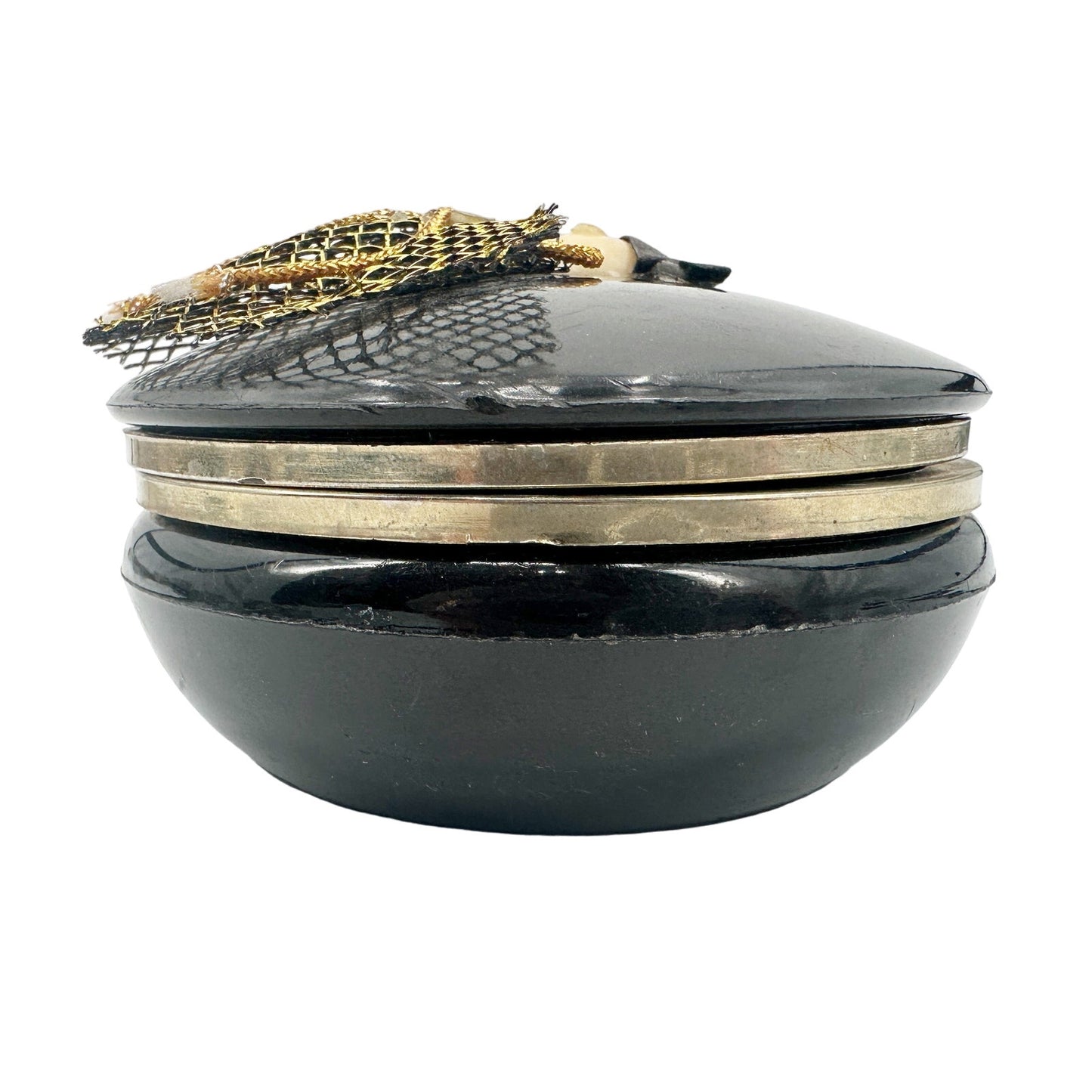 vintage circular-shaped hinged Trinket Box black jewelry container art deco face