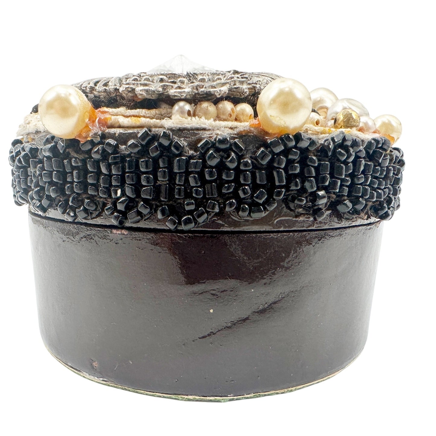 vintage embellished black Round trinket Box lace beads brooches faux pearls