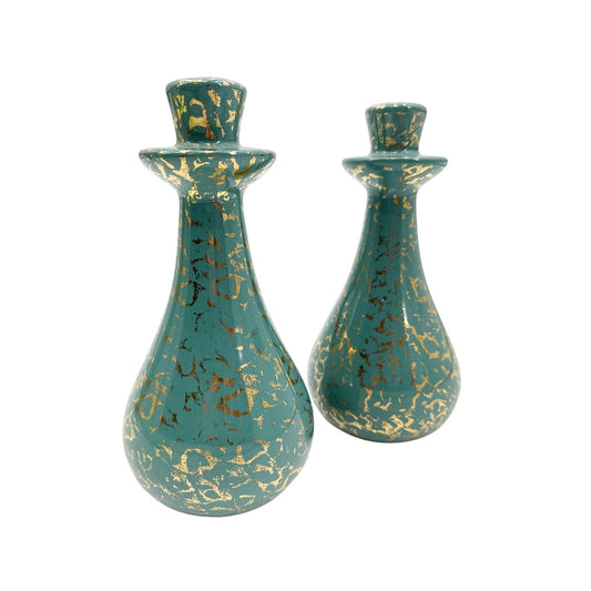 set of 2 small vintage ceramic cyan blue & gold Lamp BASES table top 9" tall