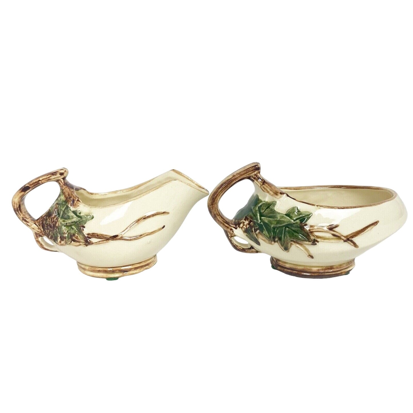 vintage McCoy cream green brown Ivy creamer sugar bowl teapot lid POTTERY set