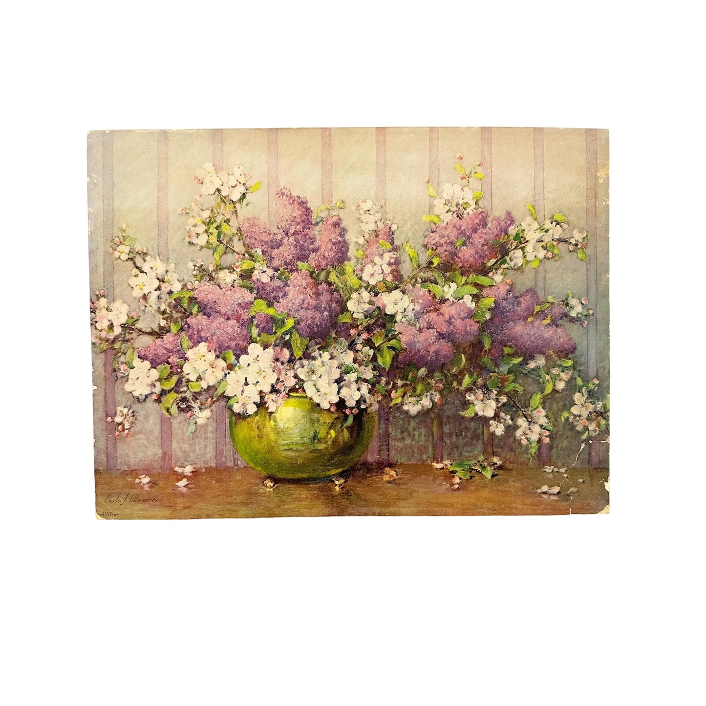 vintage Carle J. Blenner Art Print white & purple floral still life lithograph