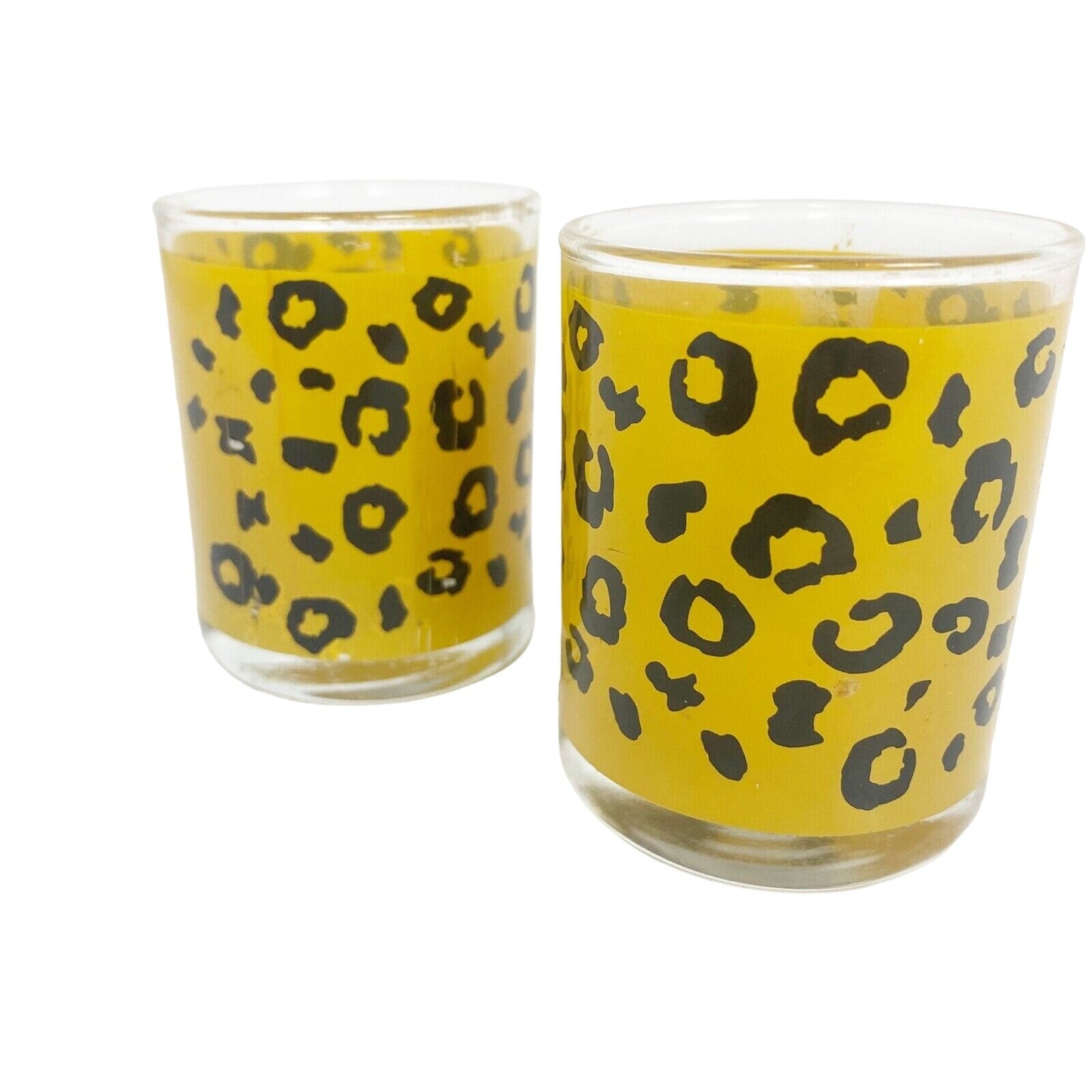 pair of Leopard print yellow & black Votive small candle Cup Holders glass