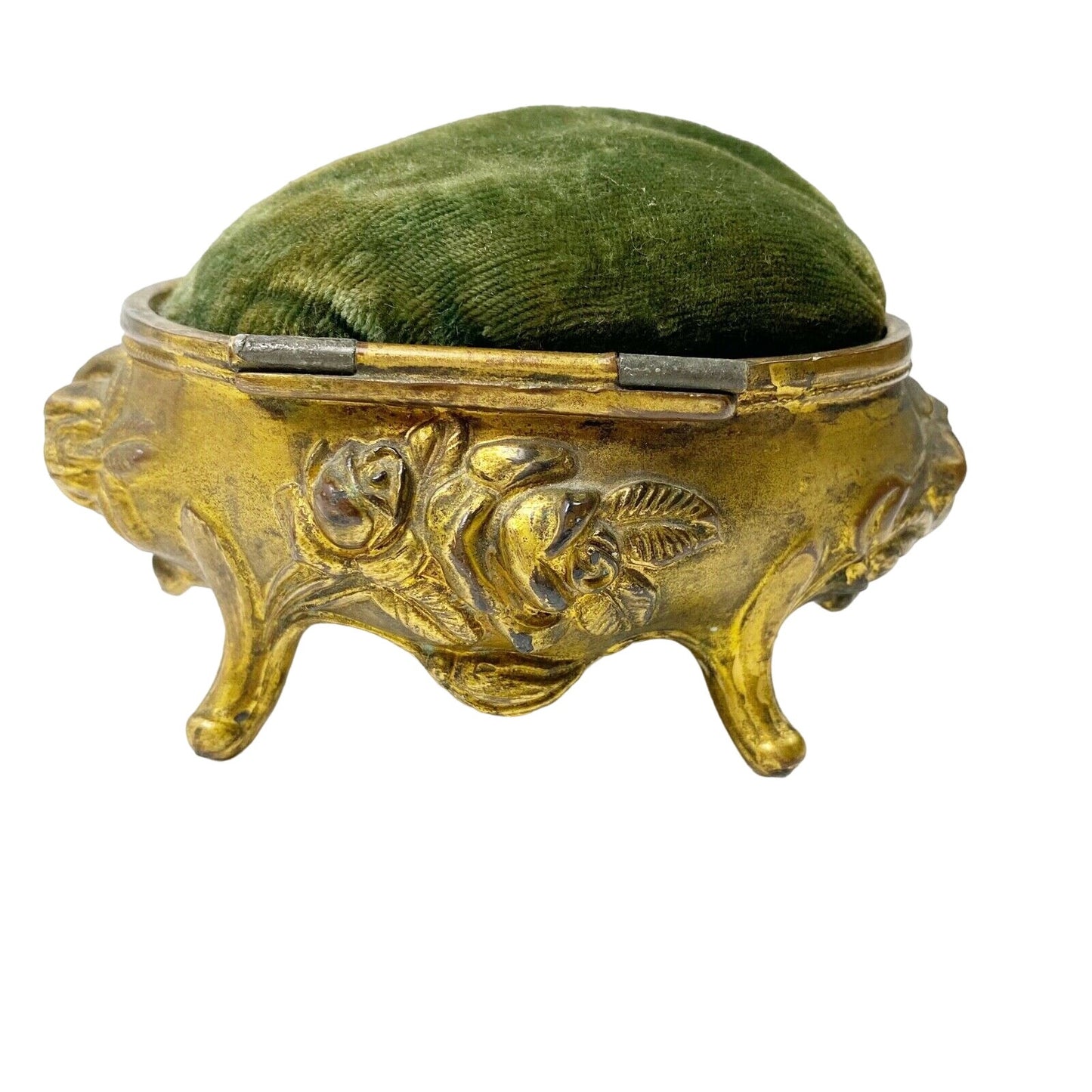 vintage gilded Pin Box green velvet cushion rose footed metal container 170 4/4