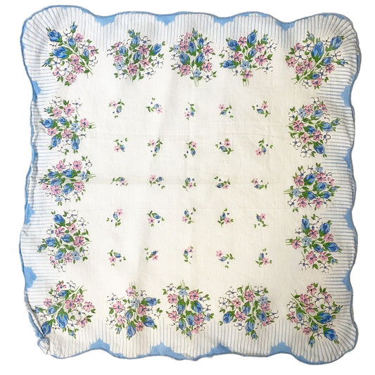 vintage floral Handkerchief Hanky tiny pink white blue flowers green