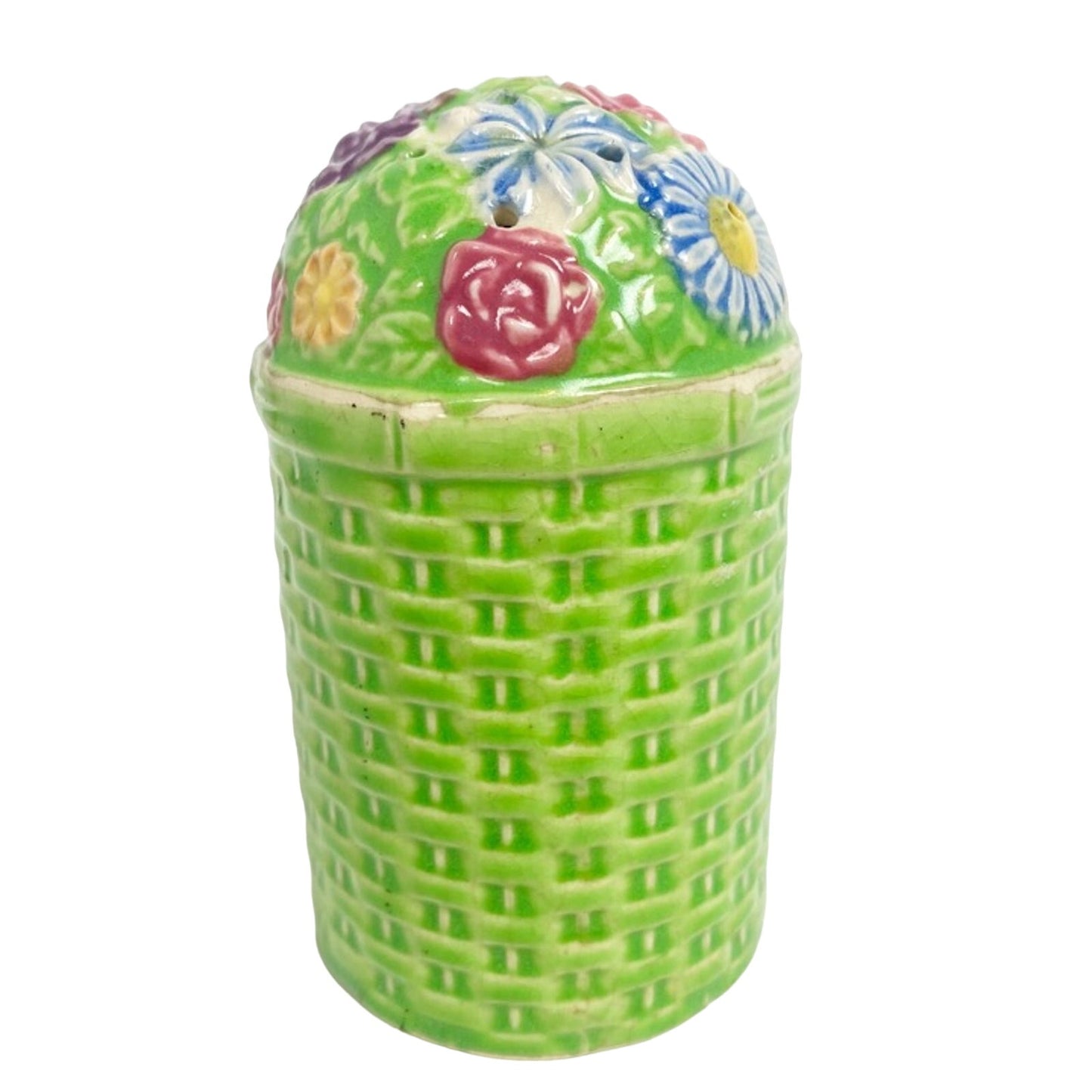 vintage large floral salt pepper spice ceramic SHAKER green basketweave pottery