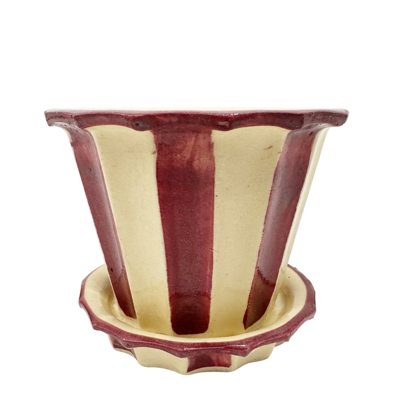 vintage cream & burgundy striped Flower Pot and Underplate Japan art pottery